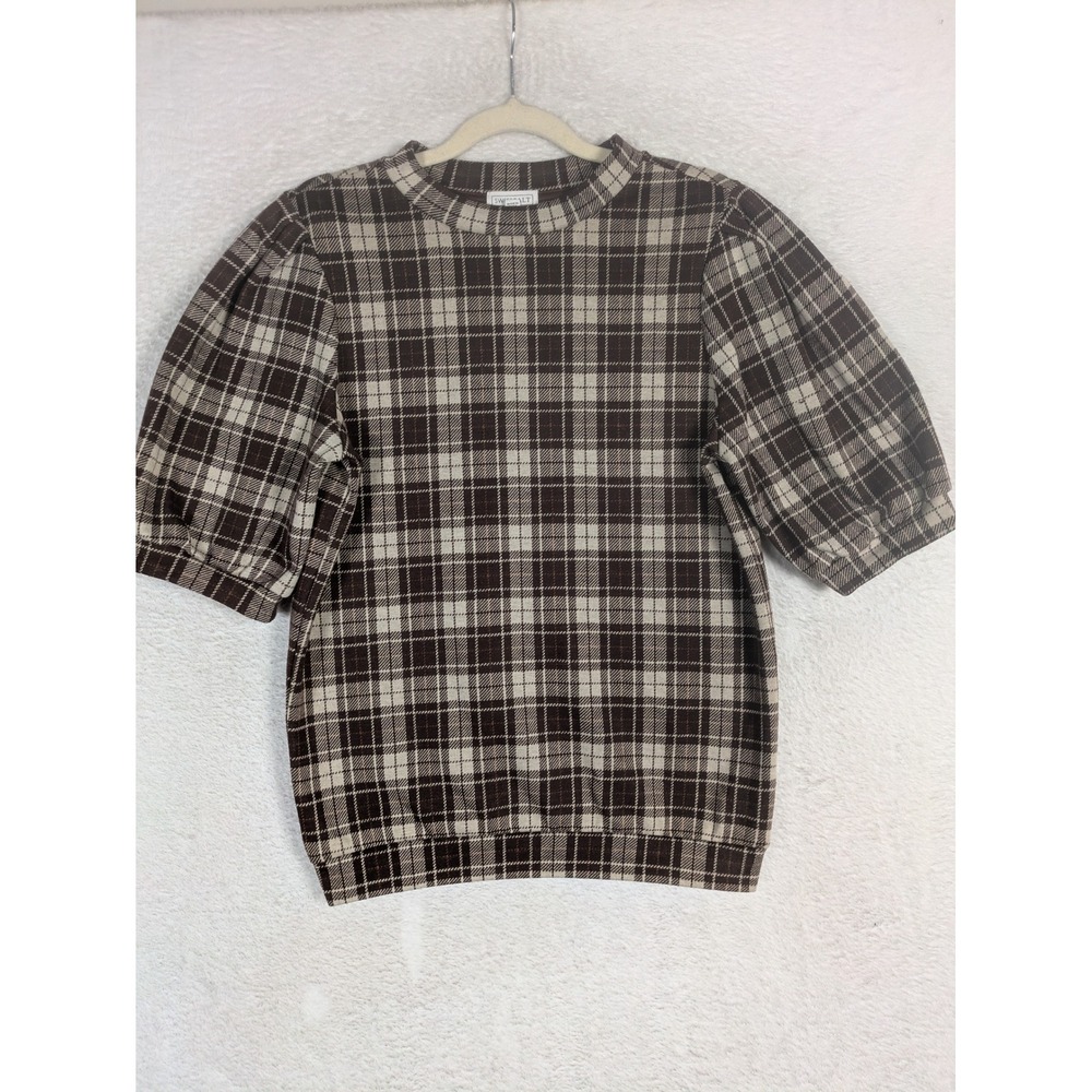 Sweet Salt Plaid Top Women's XS Brown Puff Sleeve Crew Neck Short Sleeve